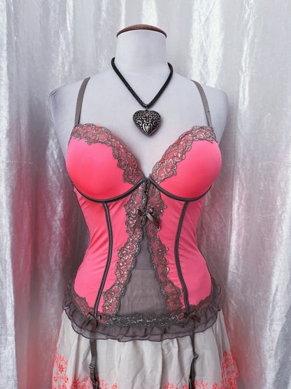 00’s coquette alizarine pink corset top with grey mesh & lace details 🎀