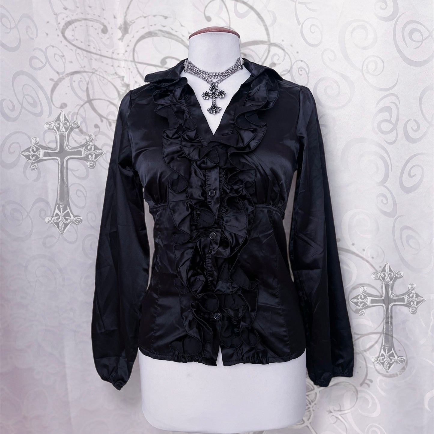 00’s deadstock gothic ruffle black shirt 🦇
