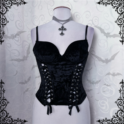 Gothic black velvet corset top with lace-up detail 🖤🦇