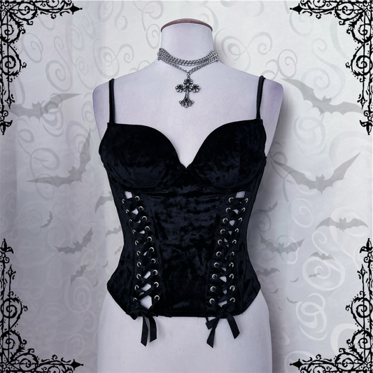 Gothic black velvet corset top with lace-up detail 🖤🦇