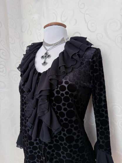 00’s Gothic mesh velvet polka dot shirt with ruffle & lace-up details 🦇