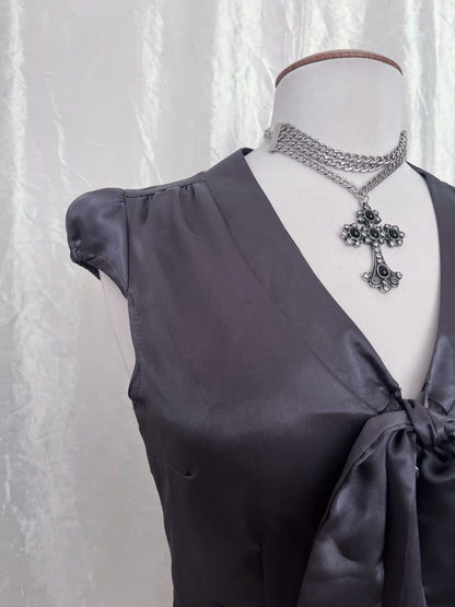 Dark Coquette saten grey shirt with bow detail 🌀🦇
