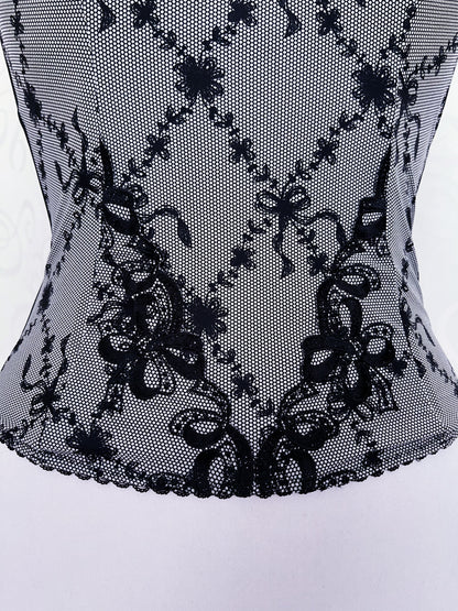 00’s dark coquette grey corset with bow print & embroidery details 🎀