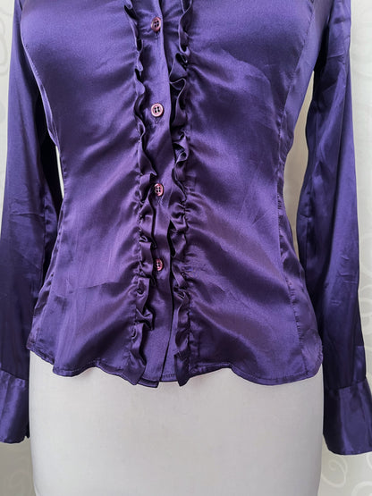 00’s Gothic purple satin shirt with ruffle details 💜