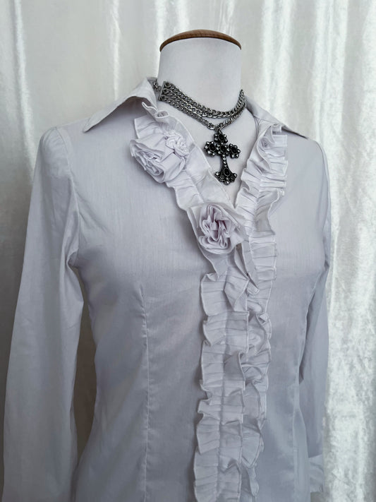 Gothic/Coquette white ruffle shirt with rose details 🌹🪽