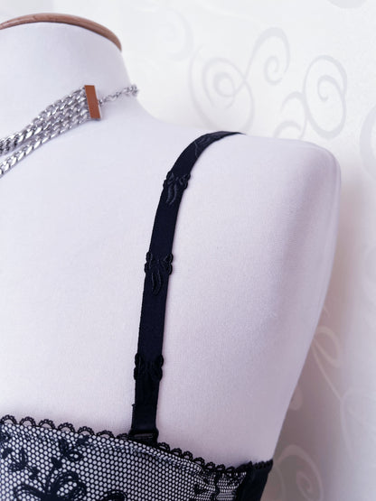 00’s dark coquette grey corset with bow print & embroidery details 🎀