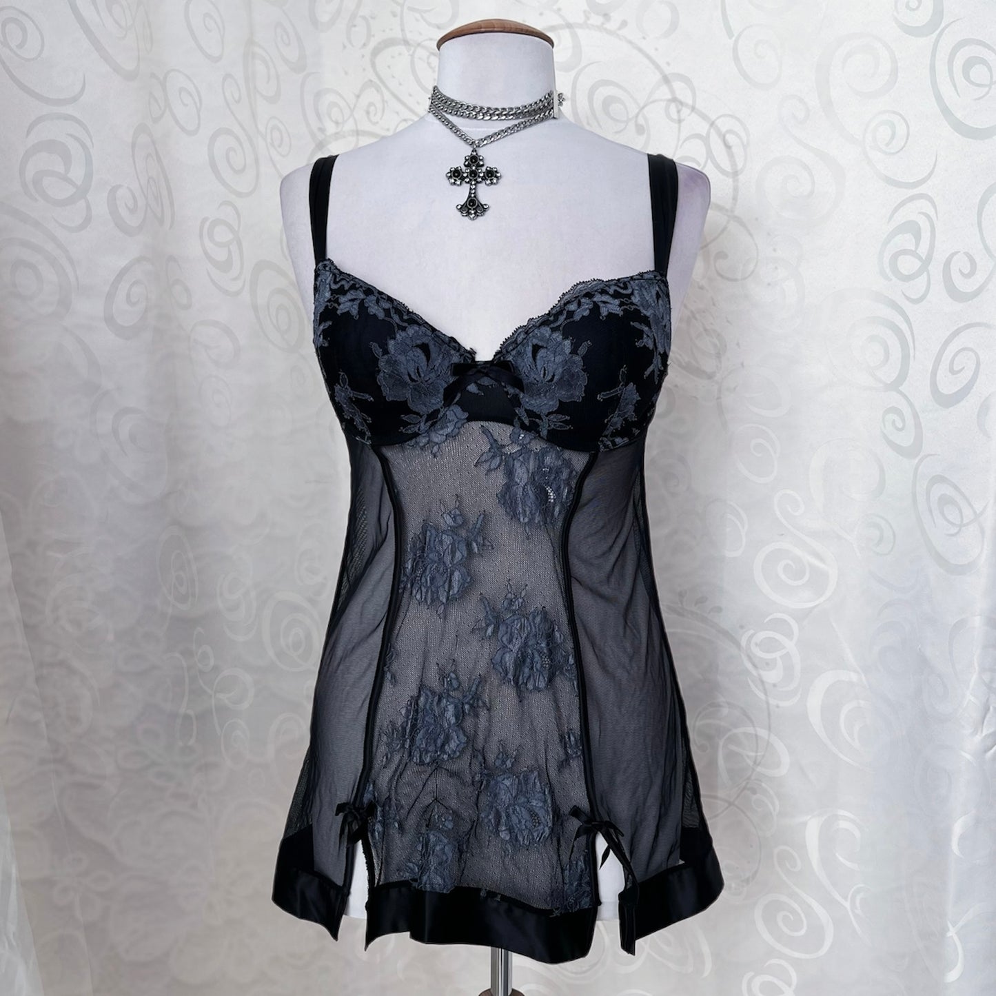 Whimsygoth black & grey mesh nightgown 🕷️