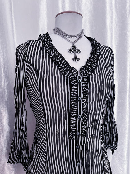 Gothic striped mesh shirt with ruffles details 🌀🦇