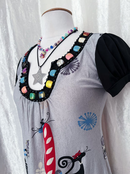 00’s Twee style dress with cat print & beads 🌀✨🐈‍⬛🎠