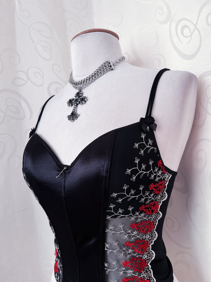 00’s whimsygoth satin corset with mesh & embroidered details 🫀🌀