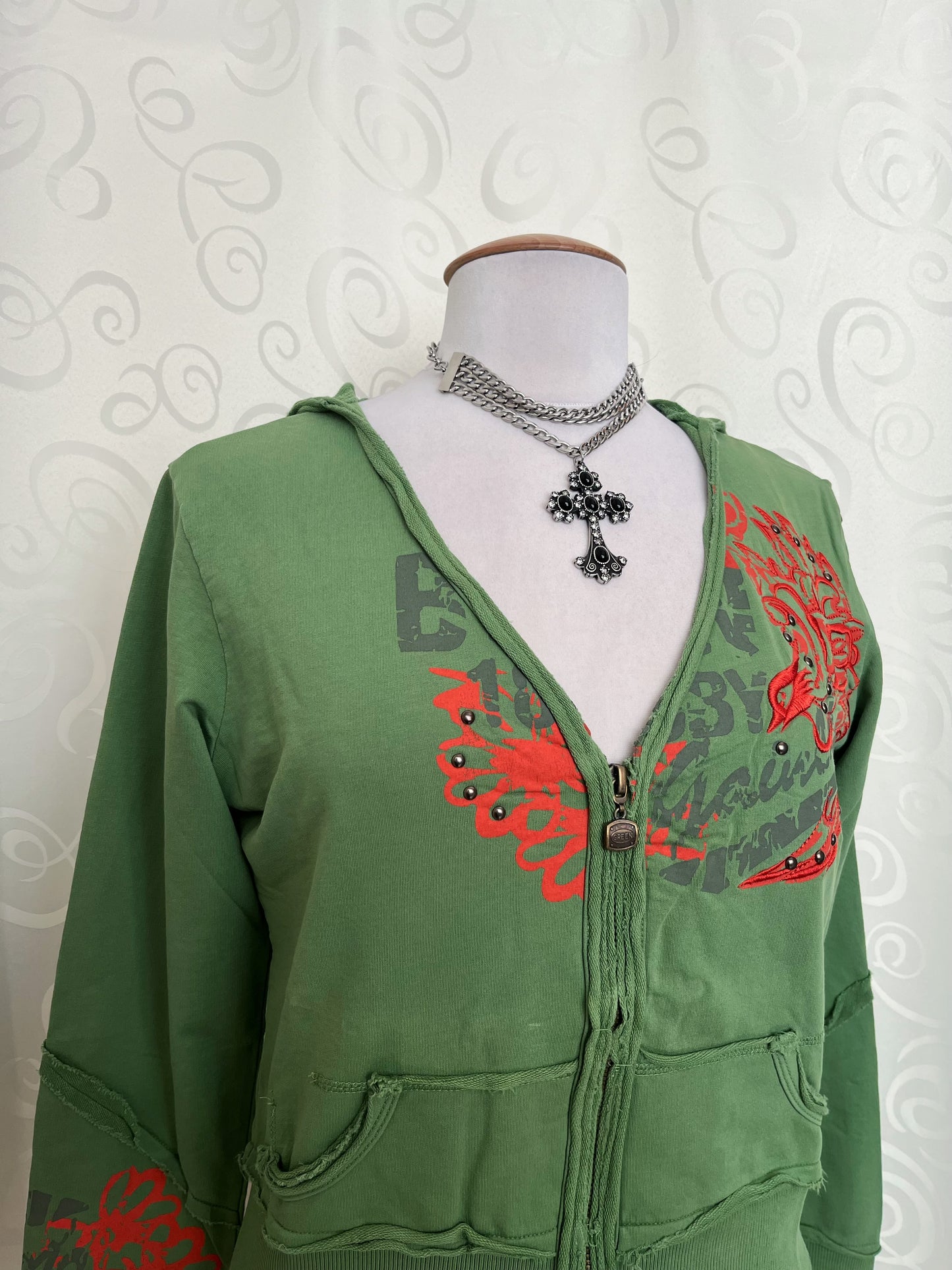 00’s/Y2K iconic embroidered & printed 
green hooded jacket 🐍🦎