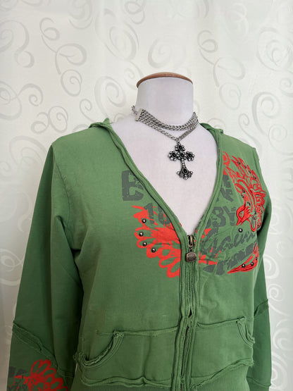 00’s/Y2K iconic embroidered & printed 
green hooded jacket 🐍🦎