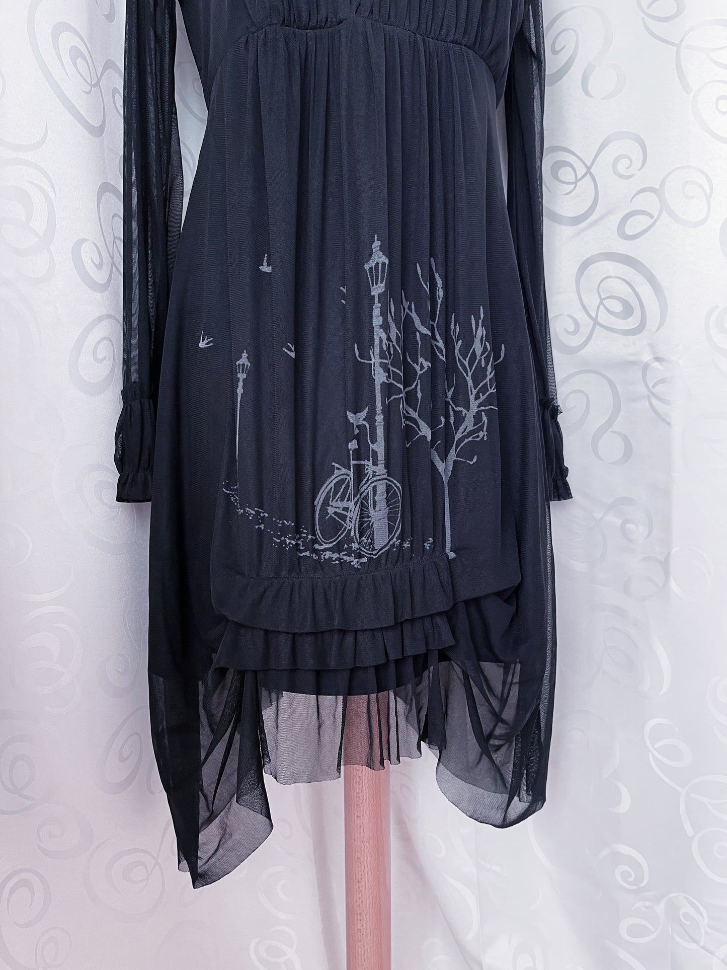 Whimsy mesh ruffle black dress with print detail 🚲