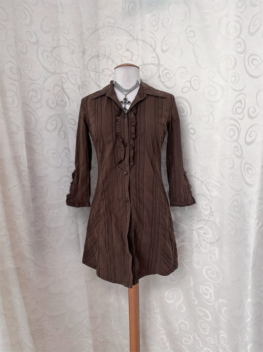 00’s Jirai Kei striped brown shirt with ruffles on the front & back 🐌