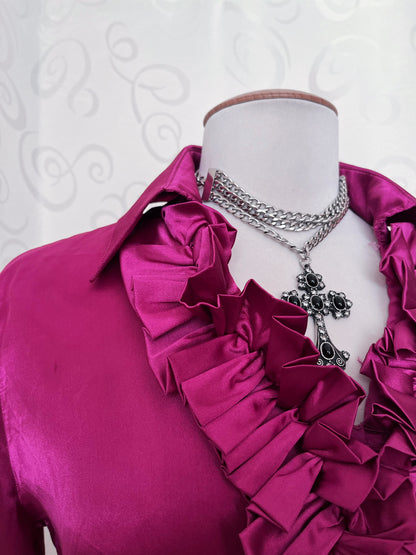 Gothic Jirai Kei magenta satin ruffle shirt 💜💞