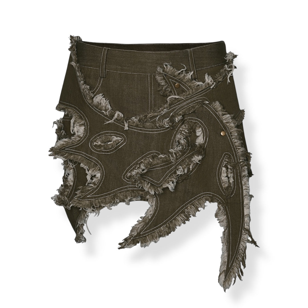 Rare Lalune HADES low-waist extra mini denim skirt with frayed edges bat wings layer 🦇