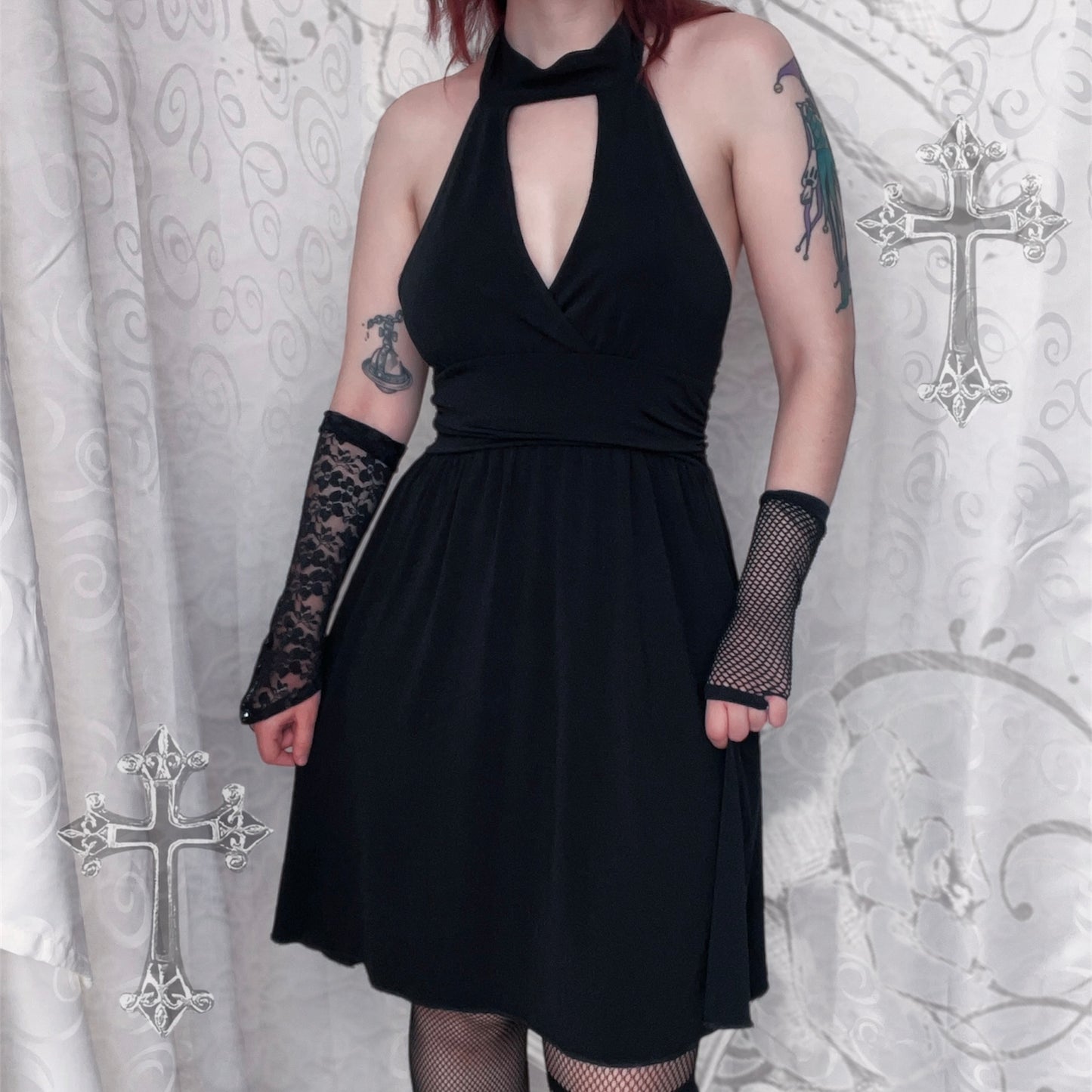 00’s deadstock whimsy black halter dress 🦇