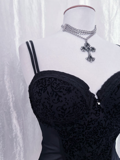 Gothic black mesh corset with velvet embossed details 🕸️
