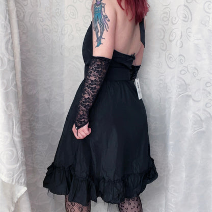 00’s deadstock Gothic/Jirai Kei halter black dress with ruffle detail 🕷️🌀