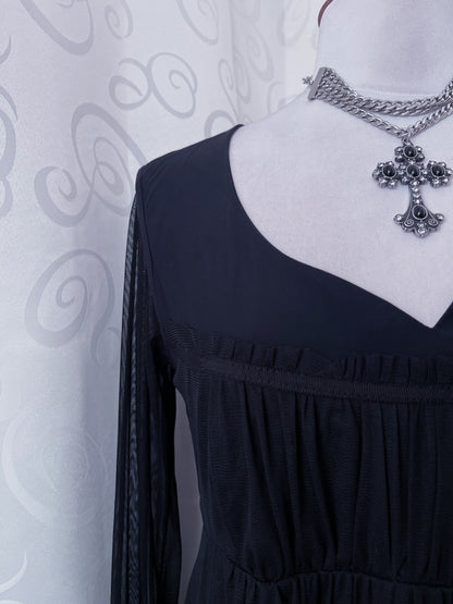 Whimsy mesh ruffle black dress with print detail 🚲