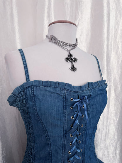 00’s denim lace-up dress 💜✨