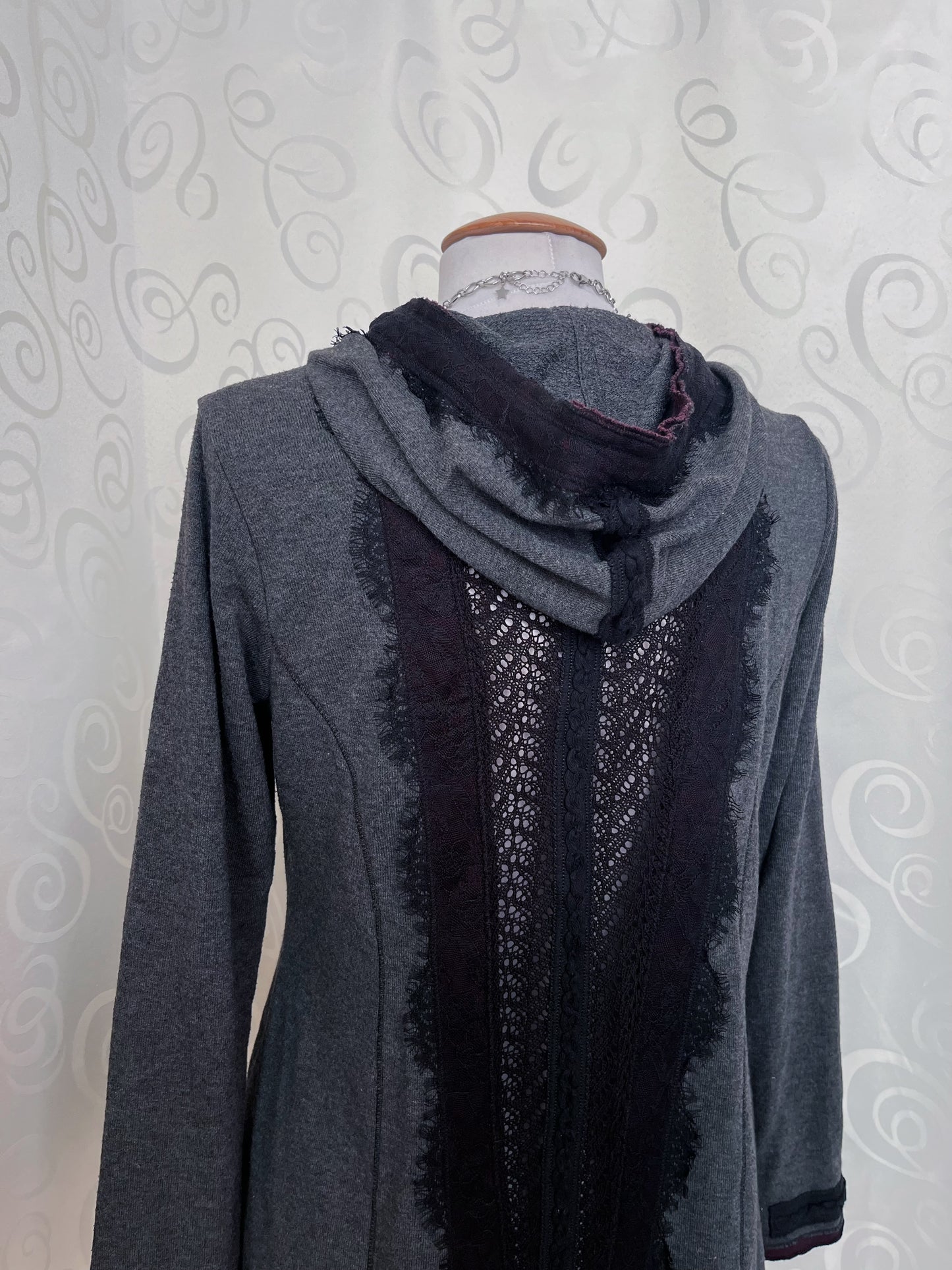Whimsygoth light grey hooded jacket with beautiful lace details 💜🌀