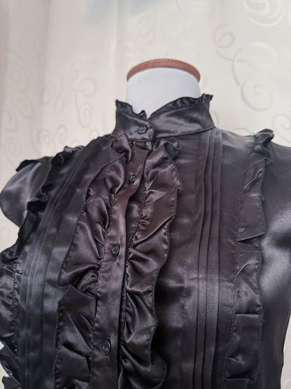 00’s Gothic/ Jfashion style black ruffle satin shirt 🦇🌀🗝️