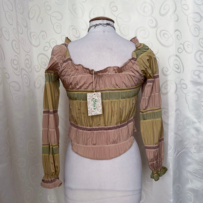 00’s deadstock colorful coquette shirt that closes with metal hooks 💜🌀