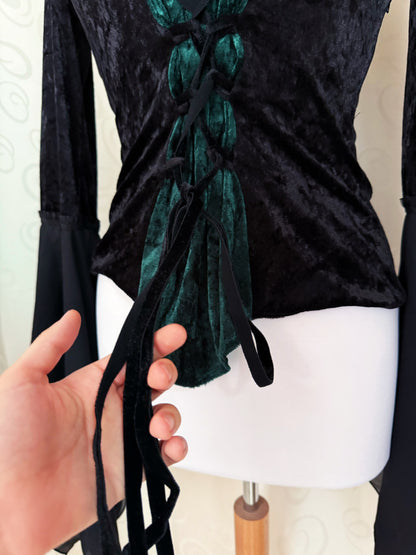Deadstock Laughing Vampire Gothic crushed velvet victorian style top with bell mesh sleeves 🦇