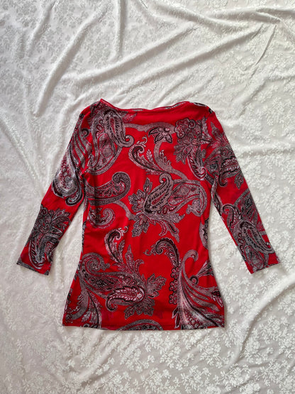 Y2k paisley pattern red mesh top 🦋
