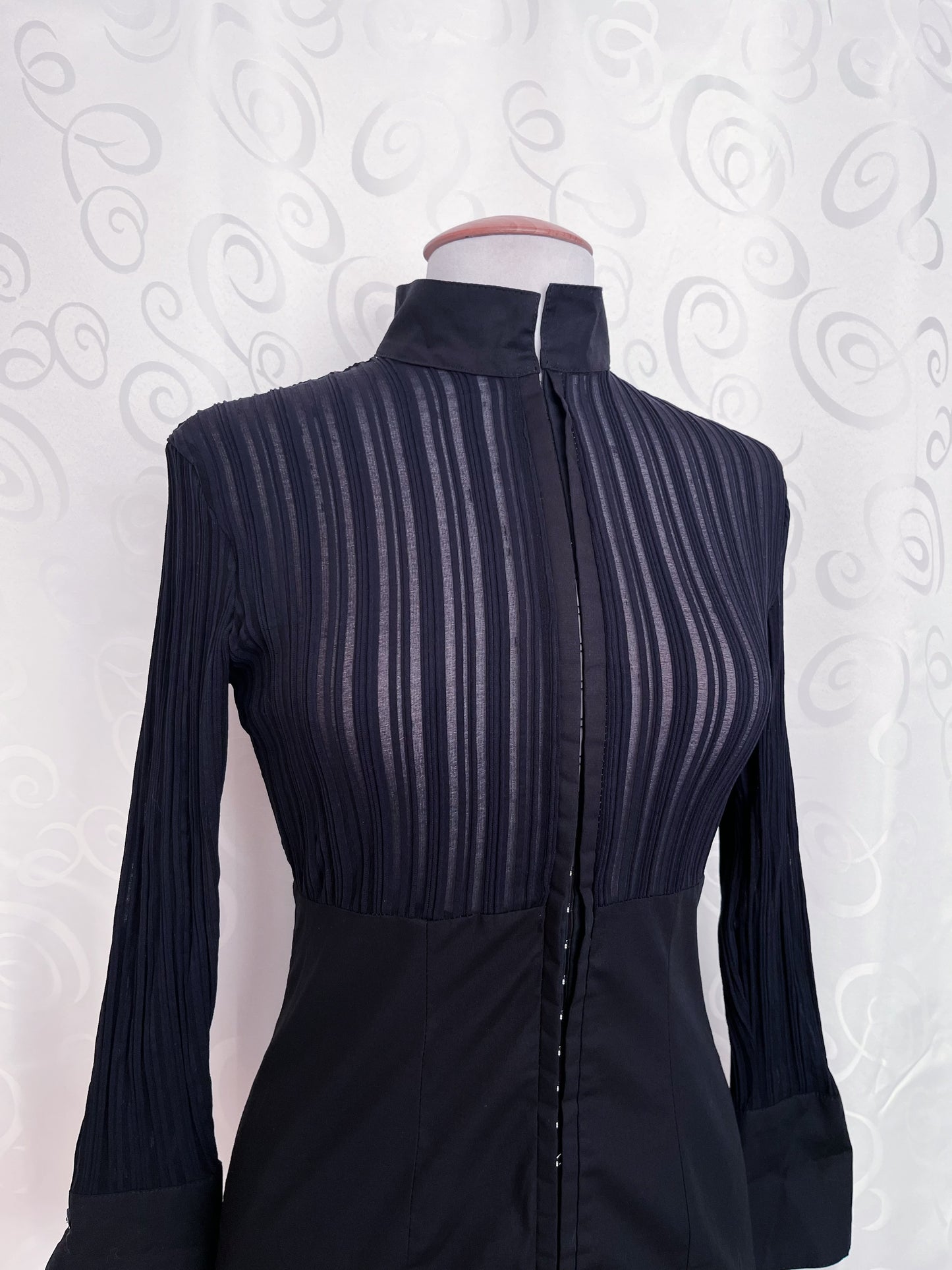 00’s Office Goth black shirt with sheer bustier striped detail 🕷️