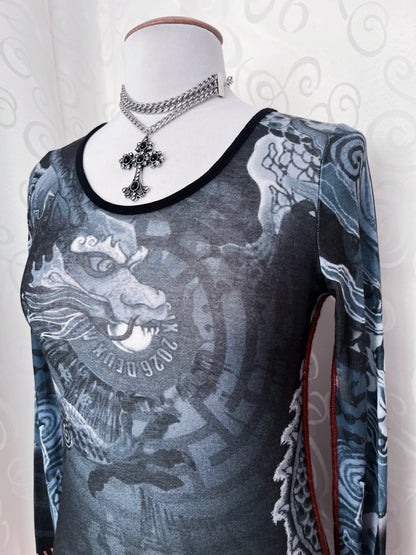 00’s rare dragon sheer top with side stitches🌀🐉🀄️