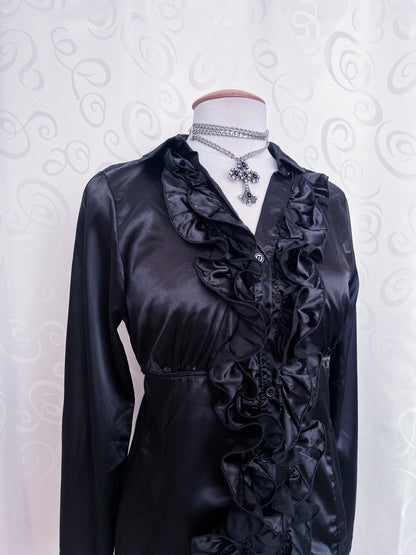 00’s deadstock Gothic/Jirai Kei black satin ruffle shirt 🕷️