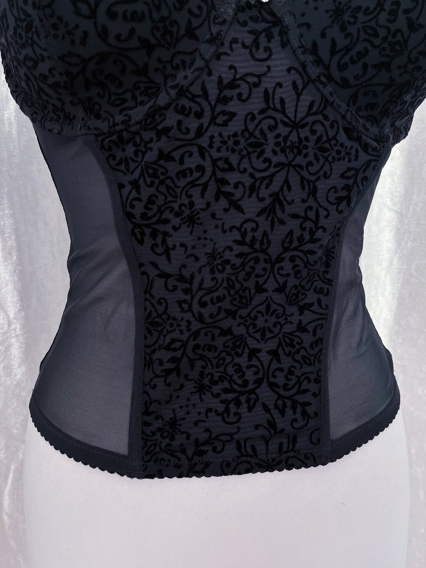 Gothic black mesh corset with velvet embossed details 🕸️