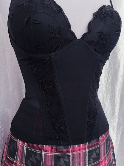 Must-have black mesh corset top with embroidered details 🕸️