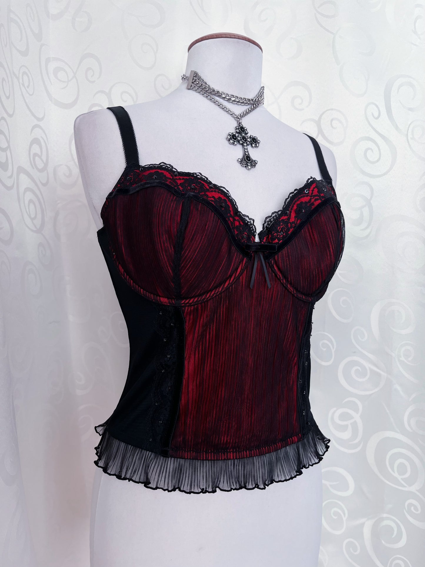 Vampire gothic red mesh corset top with velvet details 🦇🩸
