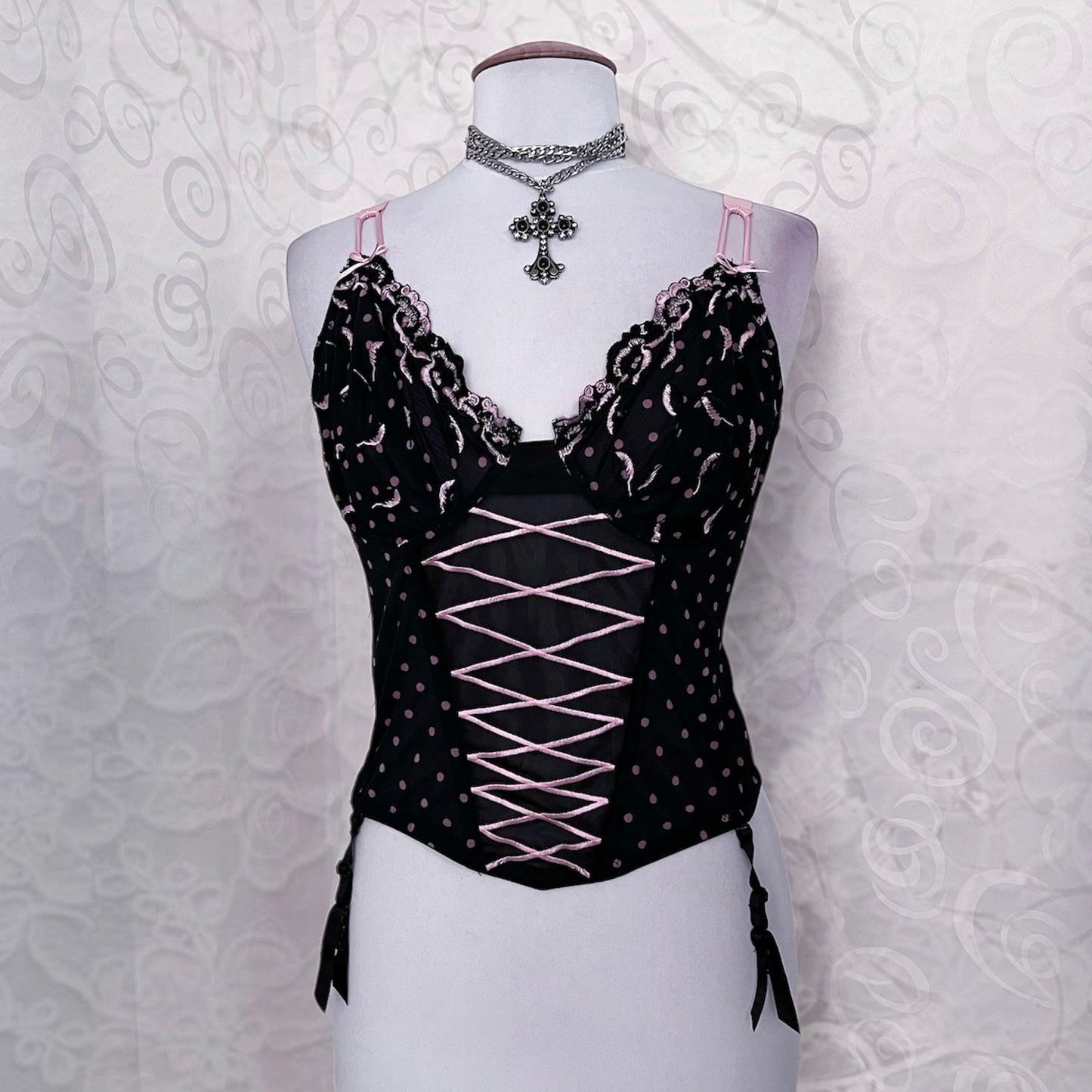 00's dark coquette polka dot lace-up corset 🎀💕