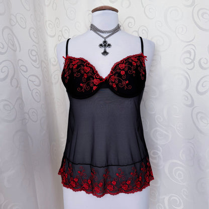 Whimsygoth/Vampire black bustier top with red embroidered details 🦇💔