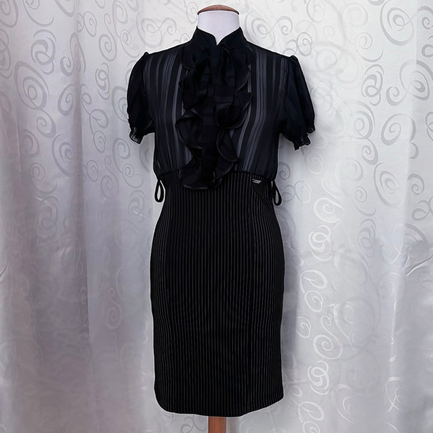 00’s new deadstock Office Goth striped & mesh dress with ruffle detail 🕷️