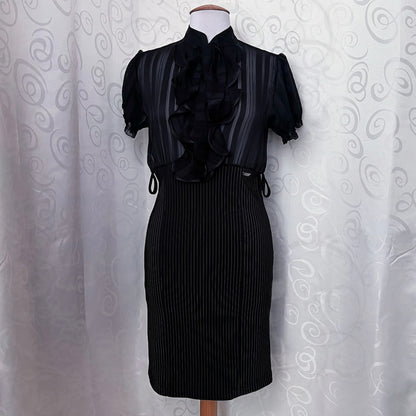 00’s new deadstock Office Goth striped & mesh dress with ruffle detail 🕷️