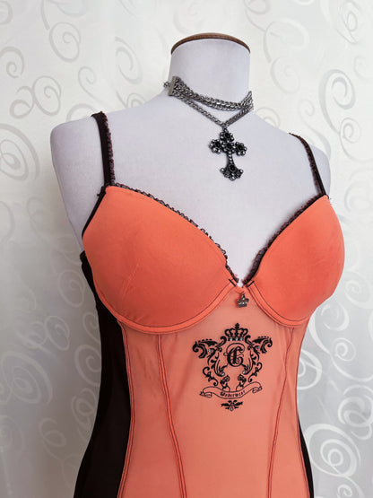 Iconic coral & brown mesh bustier top with y2k crown print & charm 👑