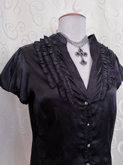 Gothic/Jirai Kei ruffle satin shirt with puff sleeves 🦇