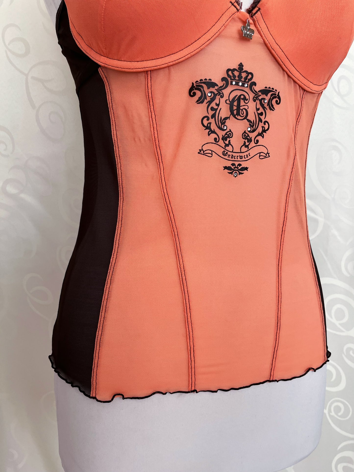 Iconic coral & brown mesh bustier top with y2k crown print & charm 👑