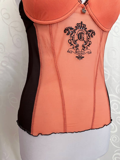 Iconic coral & brown mesh bustier top with y2k crown print & charm 👑