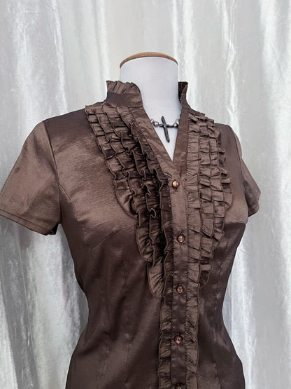 Shiny brown 00's ruffle shirt 🪽