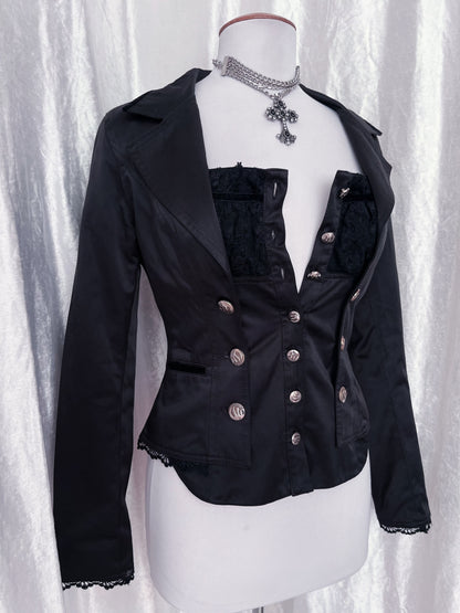 Deadstock Gothic y2k victorian style black blazer & removable top with velvet & lace details 🦇