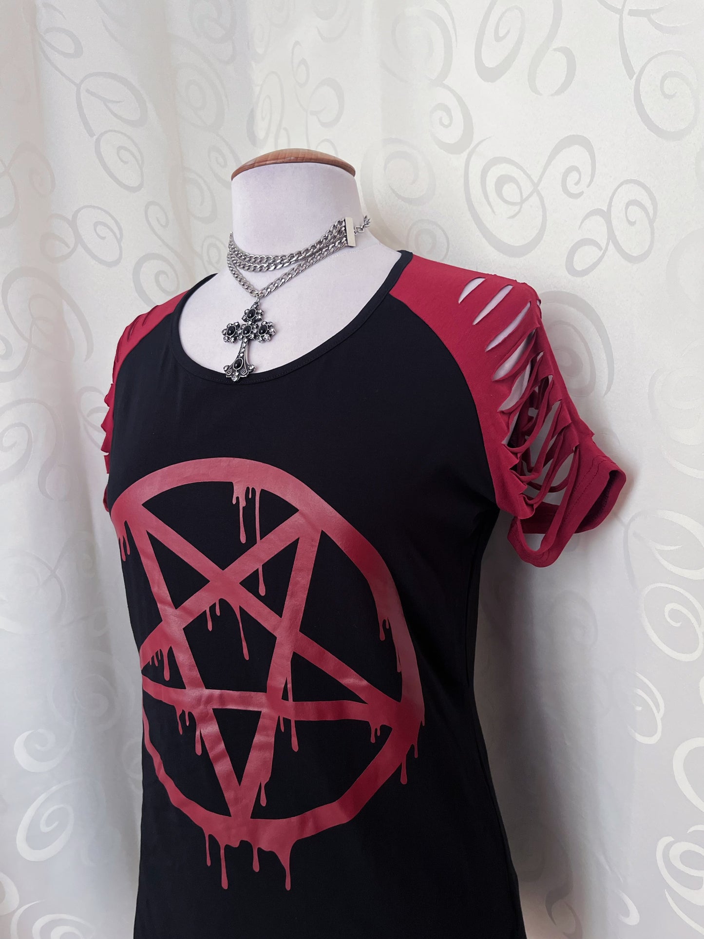 Gothicana pentagram print Tee with ripped shoulders 💀