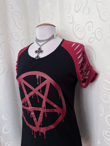 Gothicana pentagram print Tee with ripped shoulders 💀