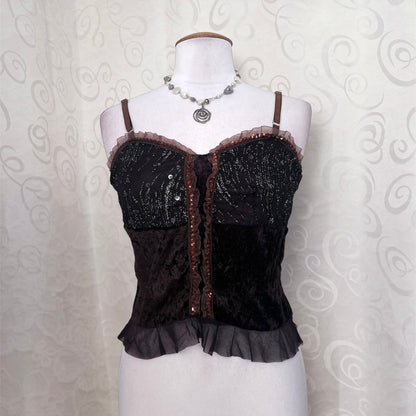 00’s deadstock whimsy fairy brown top with velvet, sequin & tulle detail 🌀🐌