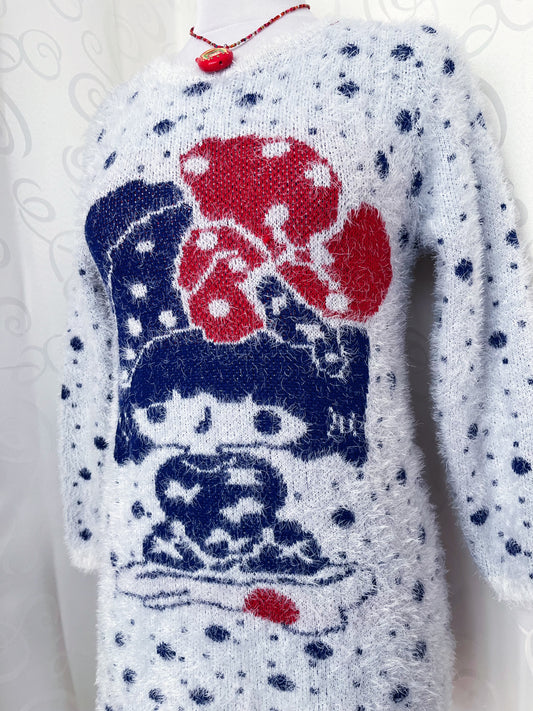 Cutest Twee faux fur polka sweater with little mushroom girl 🍄🍄‍🟫